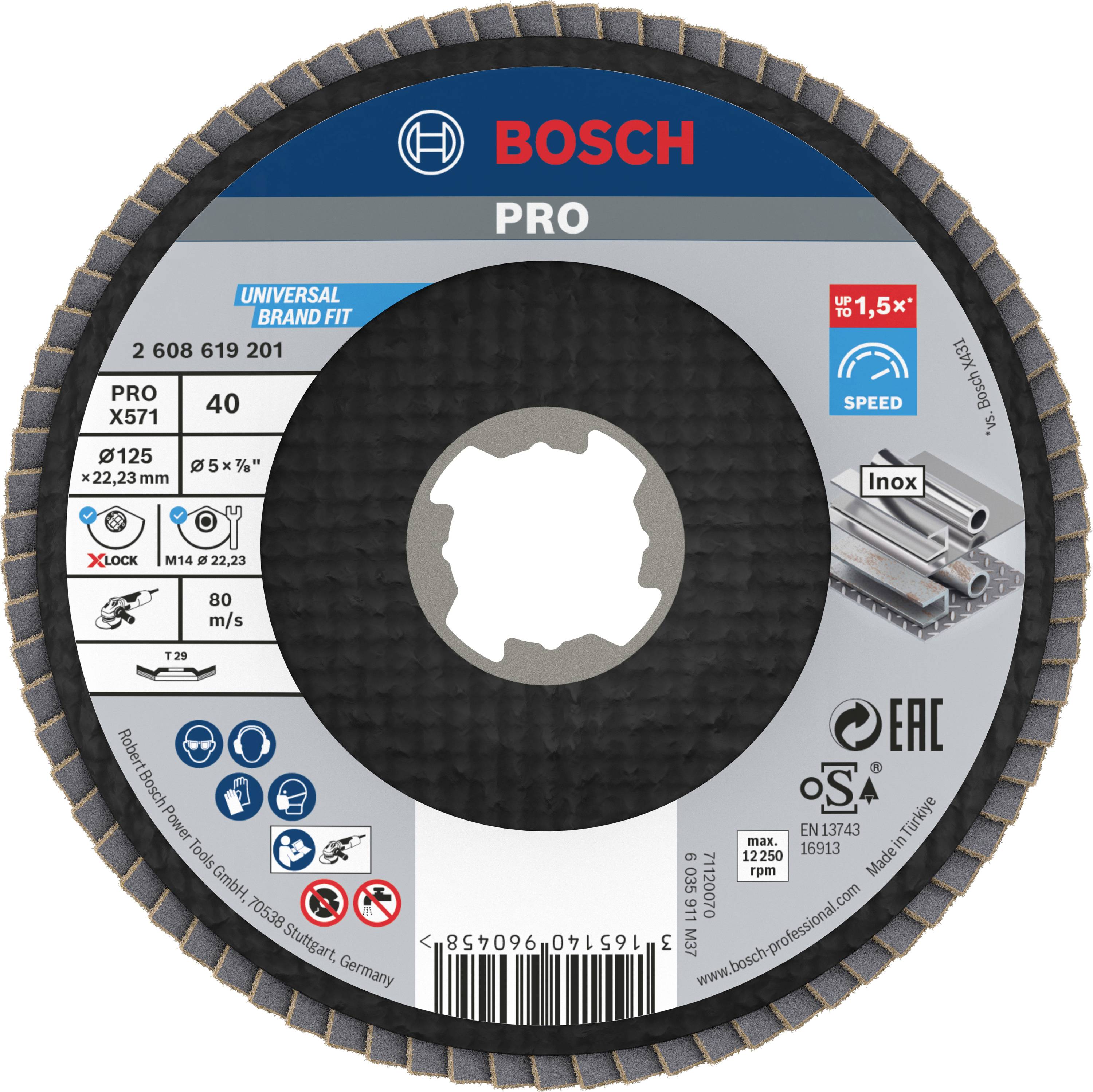 Brusilni disk znamke 'BOSCH PRO', primeren za nerjavno jeklo, prikazuje tehnične specifikacije kot sta '125 mm' in '40' granulacija.