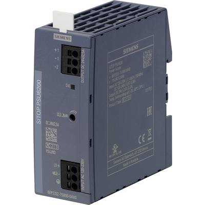 Napajalni modul Siemens SITOP PSU6200. Enosmerna napetost 24V, izhod 2,5A, LED-indikatorji za status delovanja. Siv, pravokoten ohišje.