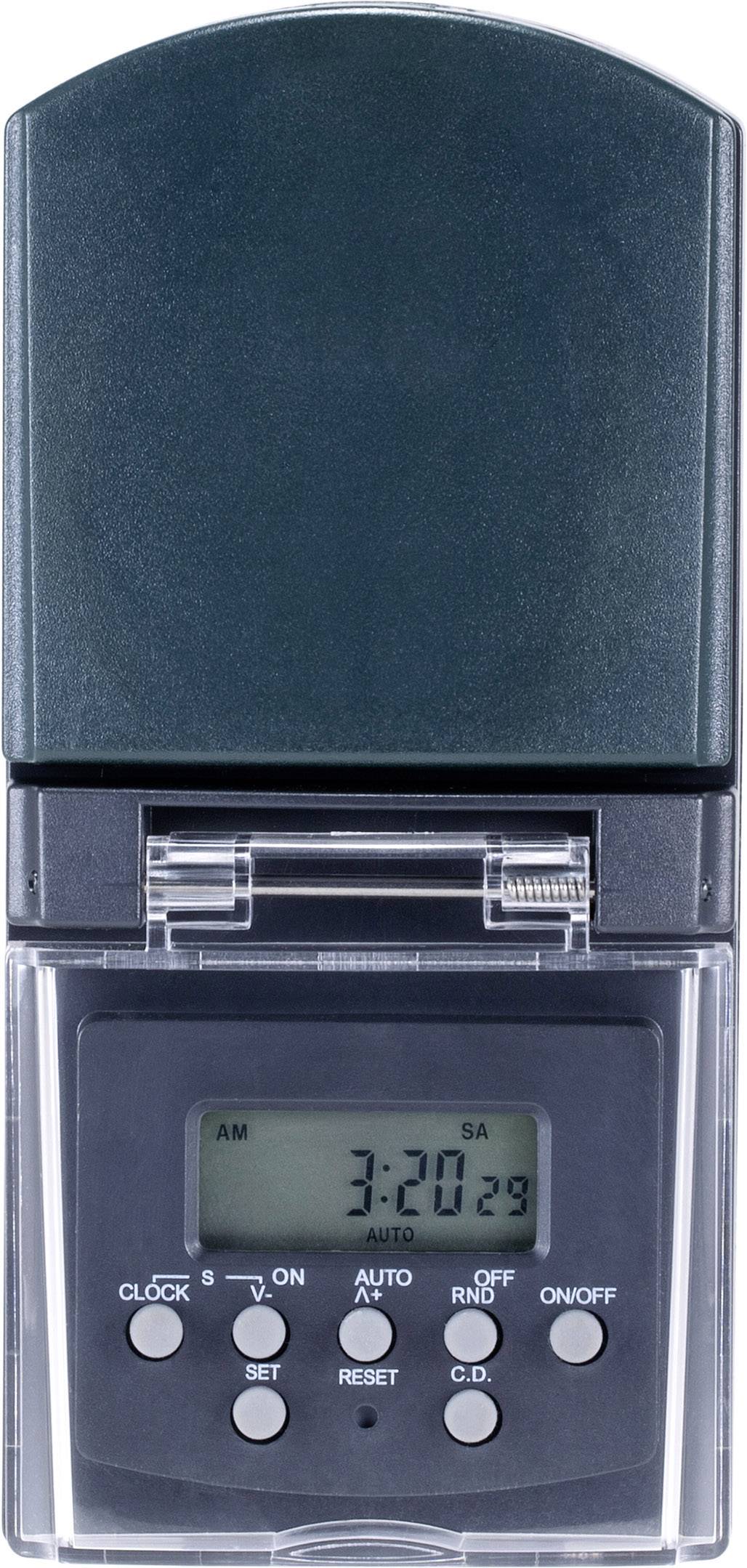 Elektronski budilnik z zelenim ohišjem, prikazuje '3:20 zjutraj', obkrožen z gumbi za nastavitve kot sta 'Samodejno' in 'Vklop/Izklop'.