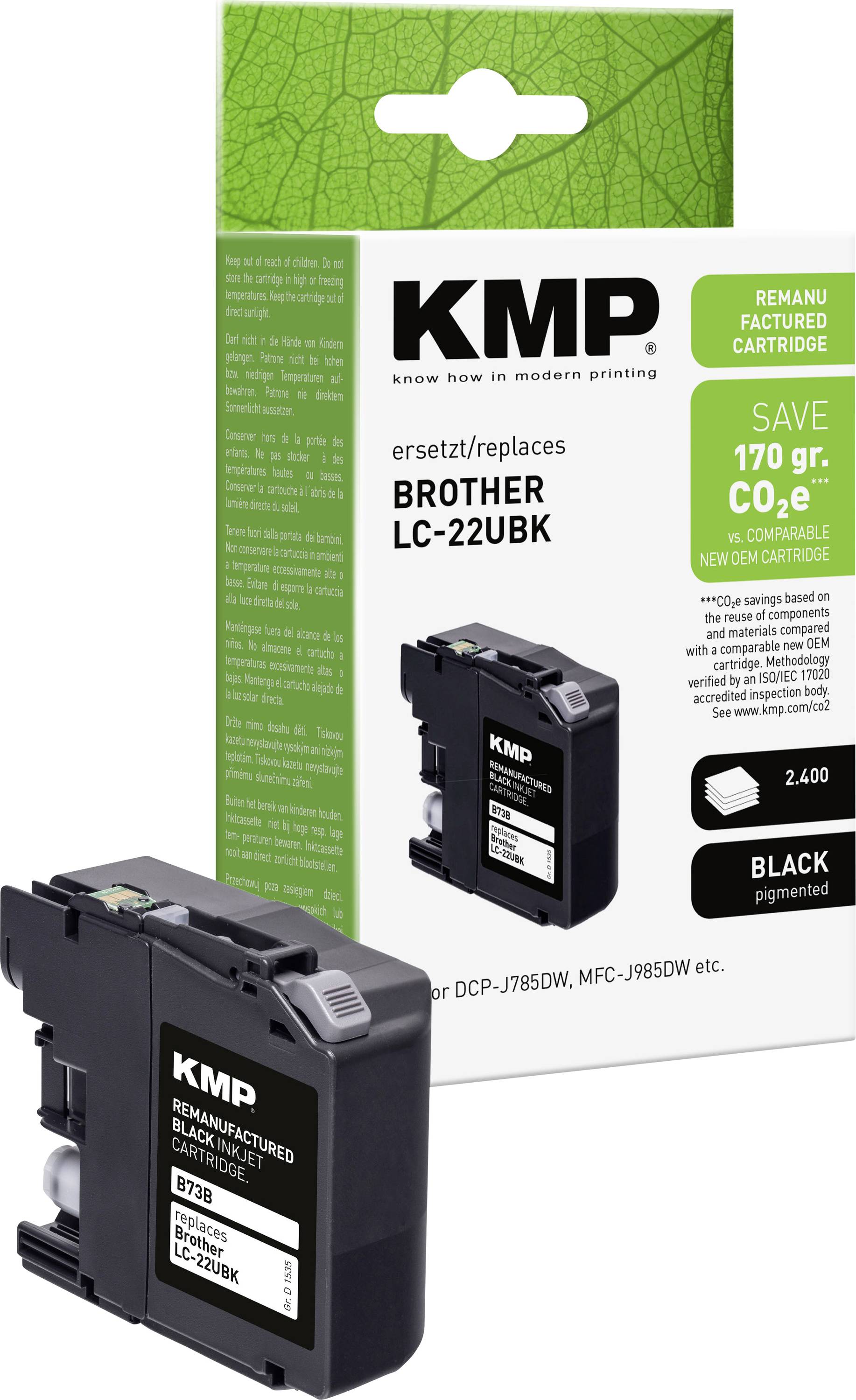 KMP ponovno izdelana črna tinta za Brother LC-220BK, prikazana s proizvodno škatlo in kartuško.