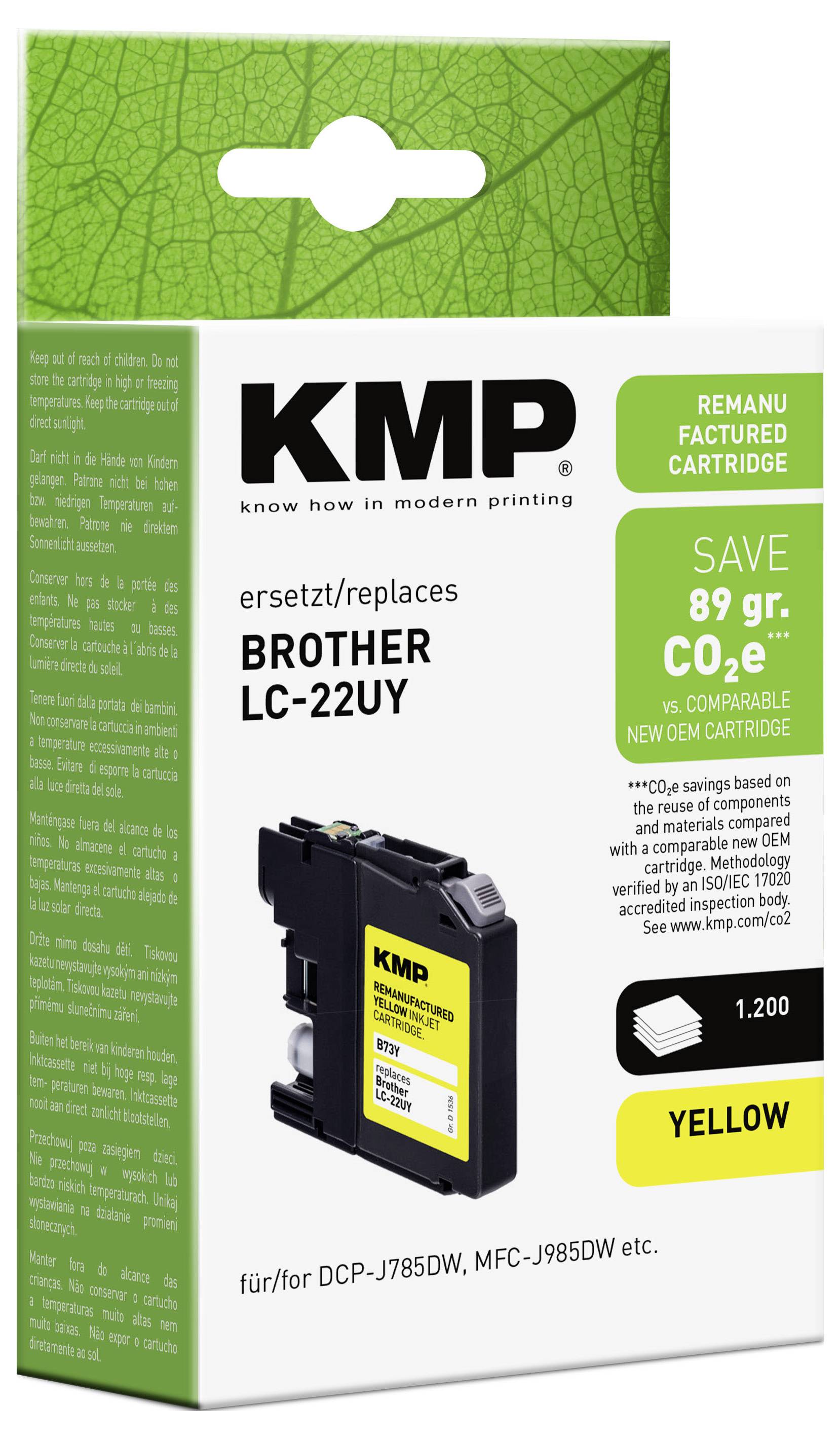 KMP zamenska rumena tinta za tiskalnik Brother LC-22UY z 89 g prihrankov CO2 in združljivostjo za tiskalnika DCP-J785DW in MFC-J985DW.