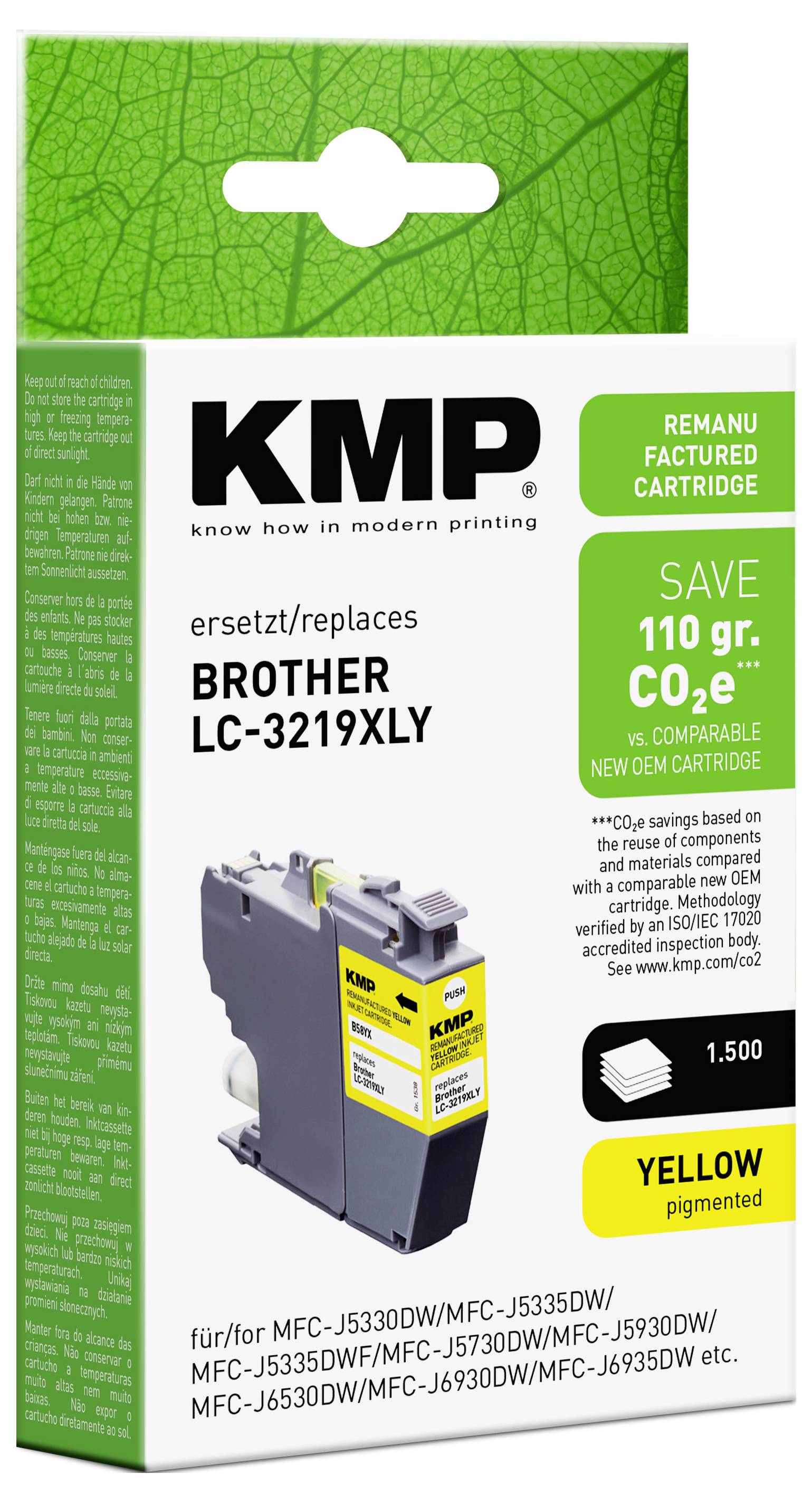 KMP nadomestna kartuša za Brother LC-3219XLY, rumena barva, prihrani 110 g CO2e in tiska 1.500 strani.