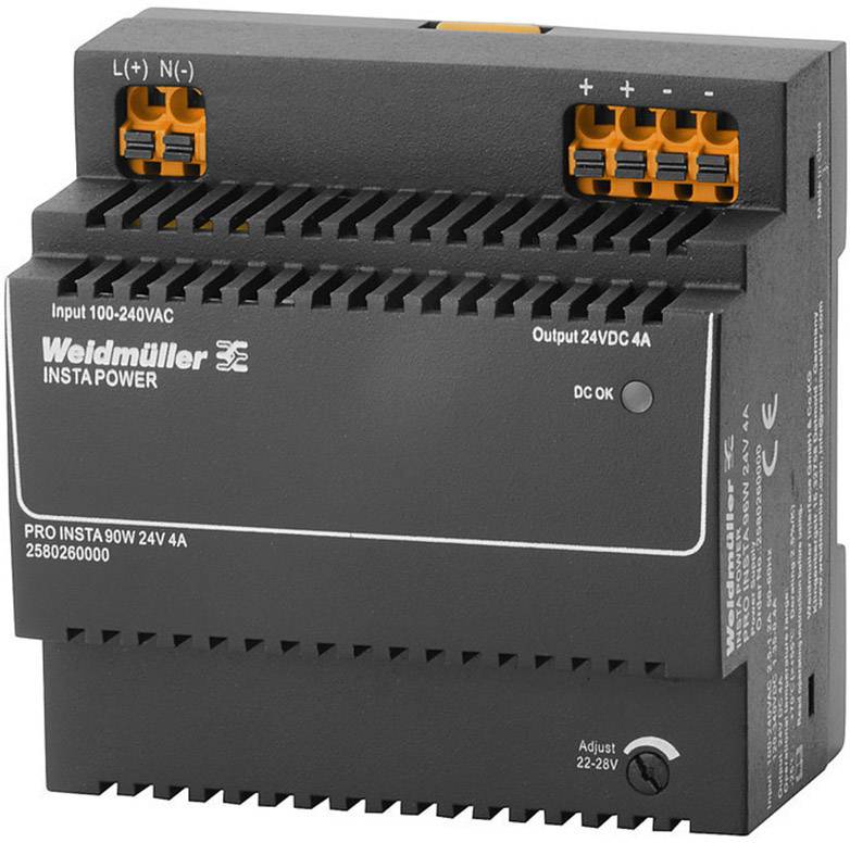Črni napajalnik Weidmüller, model Pro Insta 90W 24V 4A, z vhodnim območjem 100-240VAC in izhodnim tokom 24VDC, 4A.