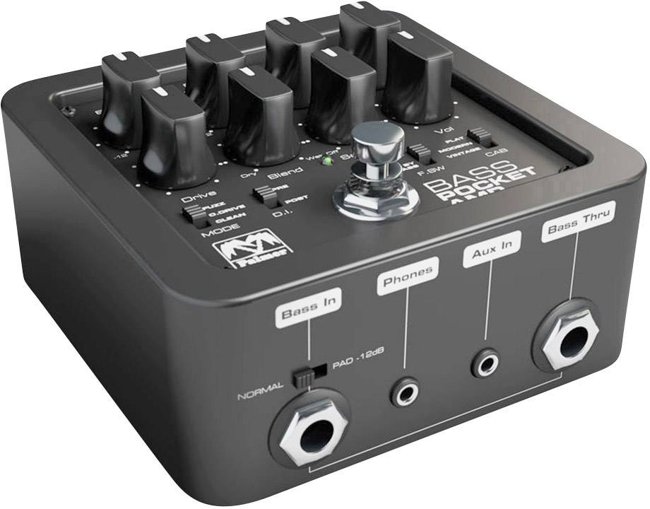 Črni bas efektni pedal z regulatorji za Drive, Tone, Blend, Volume, dvema priključkoma jack in LED indikatorjem na vrhu.