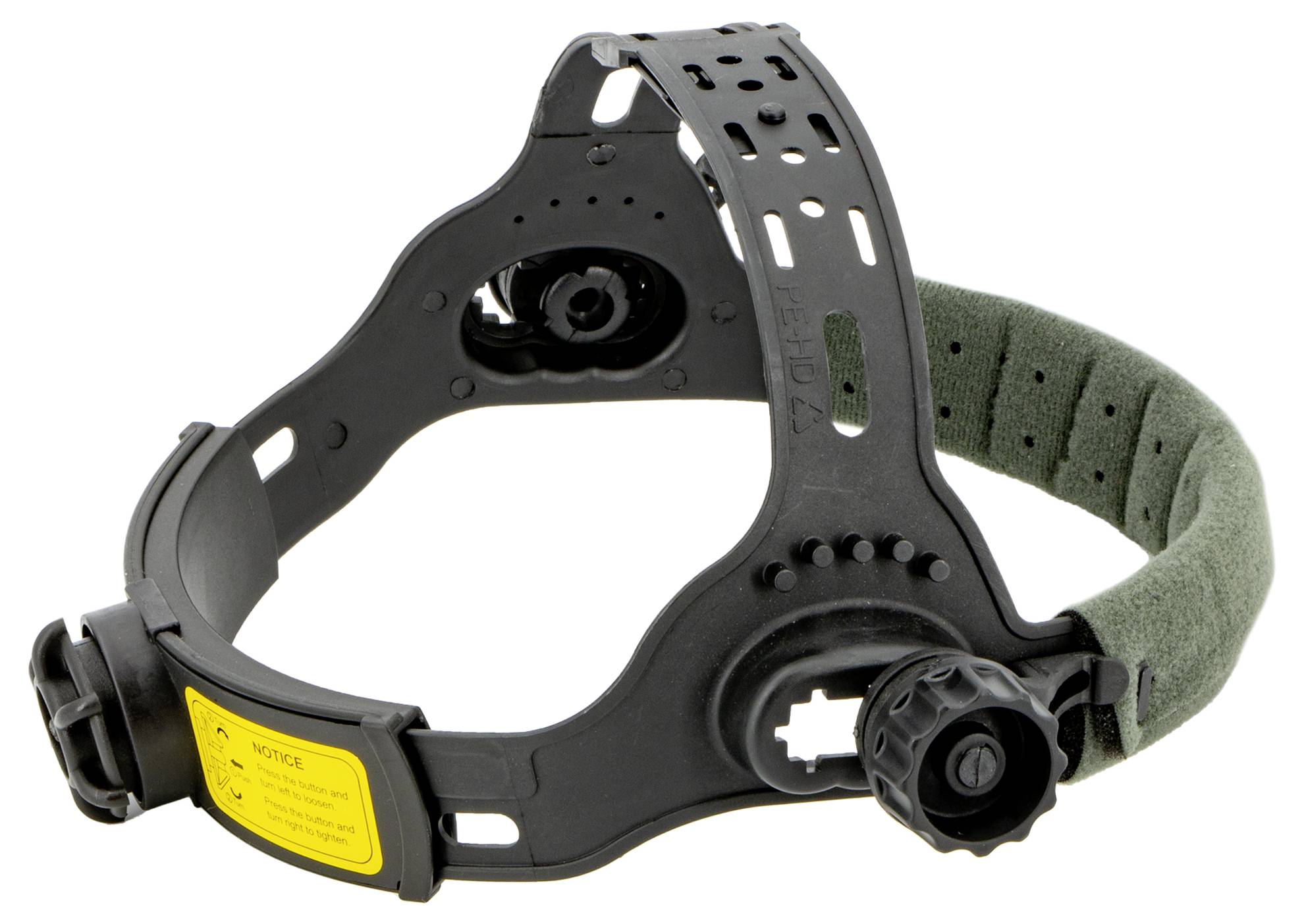 Črno-zelena prilagodljiva naglavna obrazna maska s trakovi in stranskim zavrtanjem, prikazana izolirano na belem ozadju.