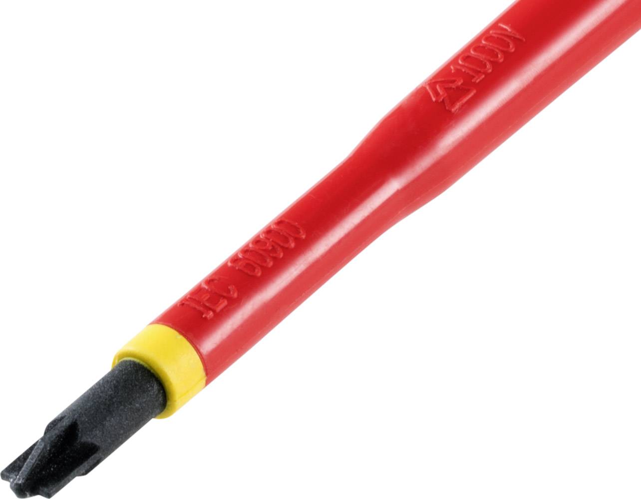Izoliran izvijač z rdečim ročajem in črnim konico, primeren za elektroinštalacije.