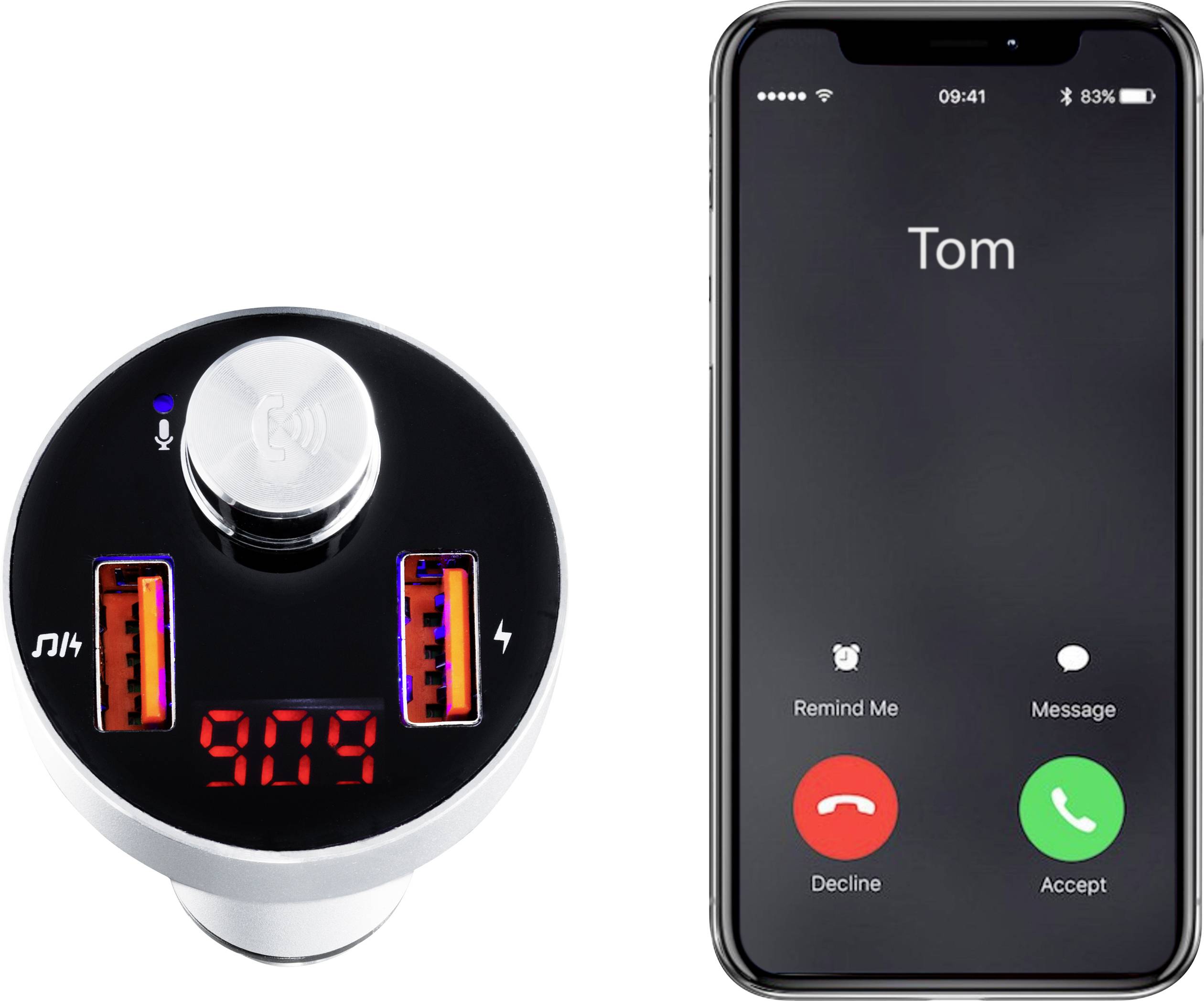 Avto adapter prikazuje '9.0' in ima dva USB priključka. Poleg njega pametni telefon z dohajajočim klicem od 'Toma'.