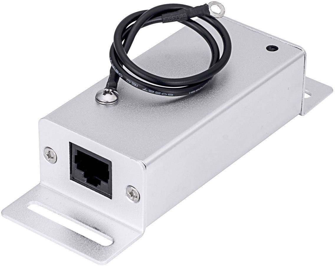 Srebrno kovinsko ohišje z ethernet priključkom in položenim kablom.