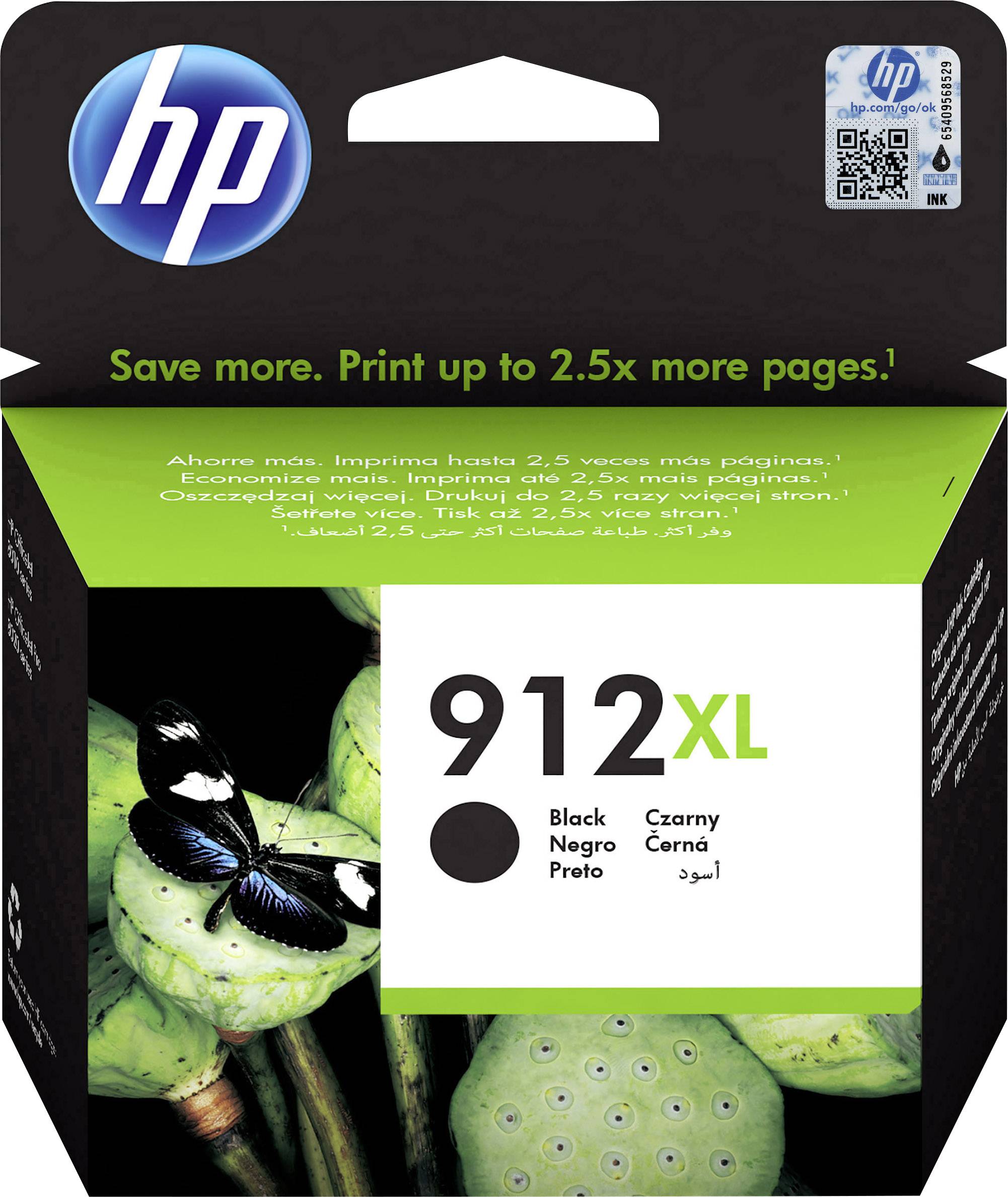 'Črnilni vložek HP 912XL Črn; Embalaža prikazuje metulja na zeleni rastlinski podlagi; Besedilo: Do 2,5-krat več strani.'