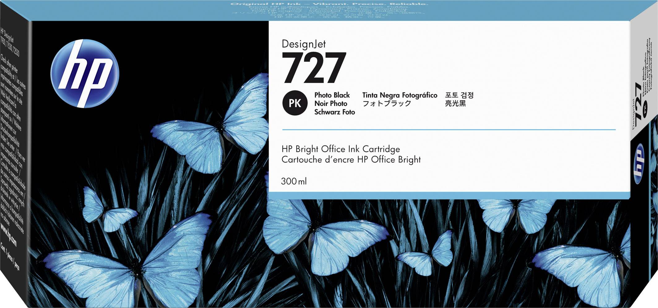 Črnilni vložek HP DesignJet 727, foto črna, 300 ml, z modrimi metulji na embalaži.