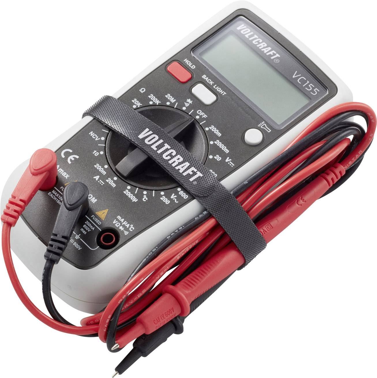Digitalni multimeter VOLTCRAFT VC155 z merilnimi kabli. Naprava ima zaslon, različne merilne funkcije in rdeče/črne kable.