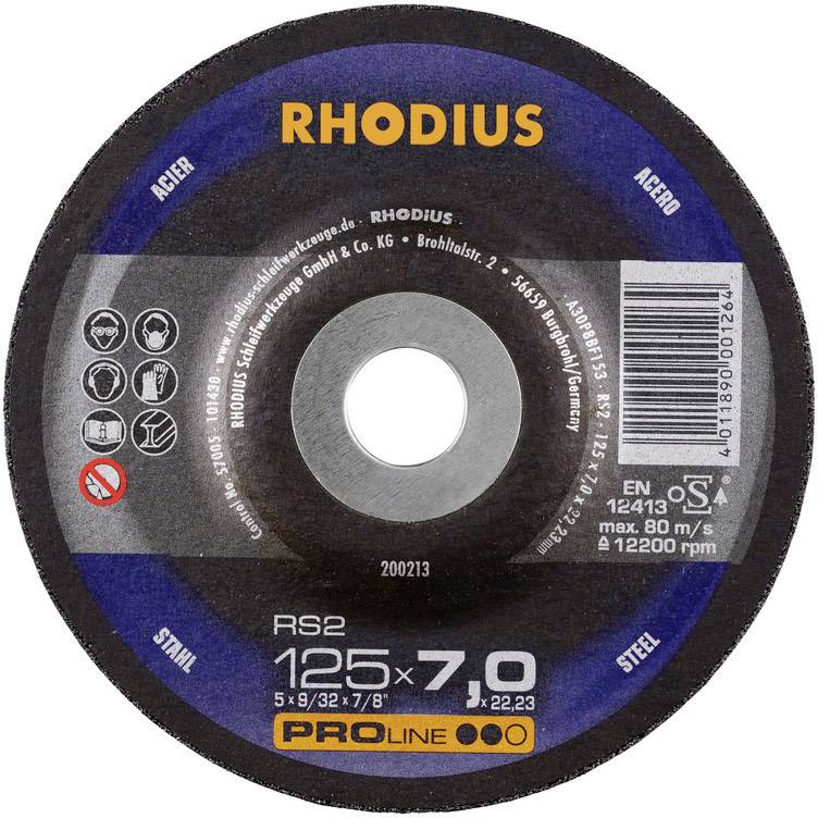 Brusilni disk 'RHODIUS RS2', premer 125 mm, debelina 7 mm. Primeren za jeklo, največ 12200 obratov/min, za kotni brusilnik.