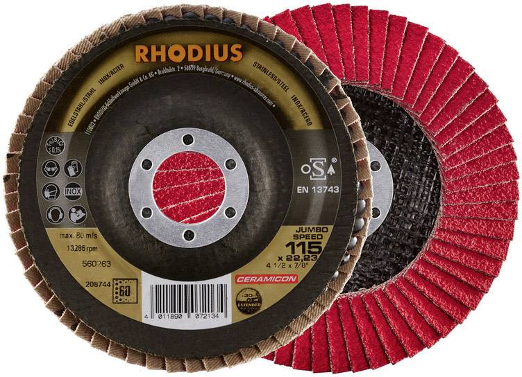 Rhodiusove brusilne plošče, rdeče in rjave, z oznakami: maks. 80 m/s, 13.286 min^-1, 115 x 22,23 mm. Primerne za brušenje.