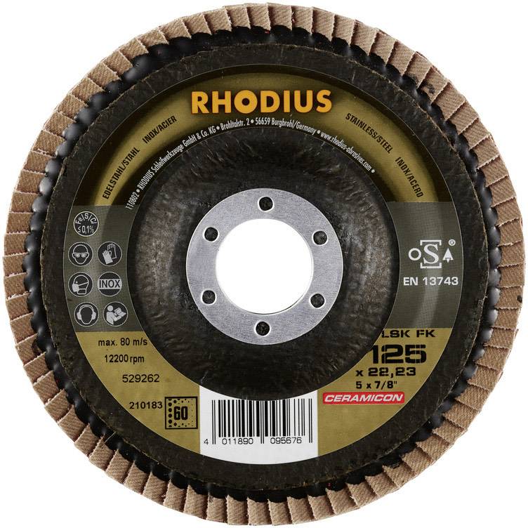 Brusilni disk znamke 'Rhodius', maks. 80 m/s in 12200 obr/min, velikosti 125 x 22,23 mm, primeren za obdelavo kovin.
