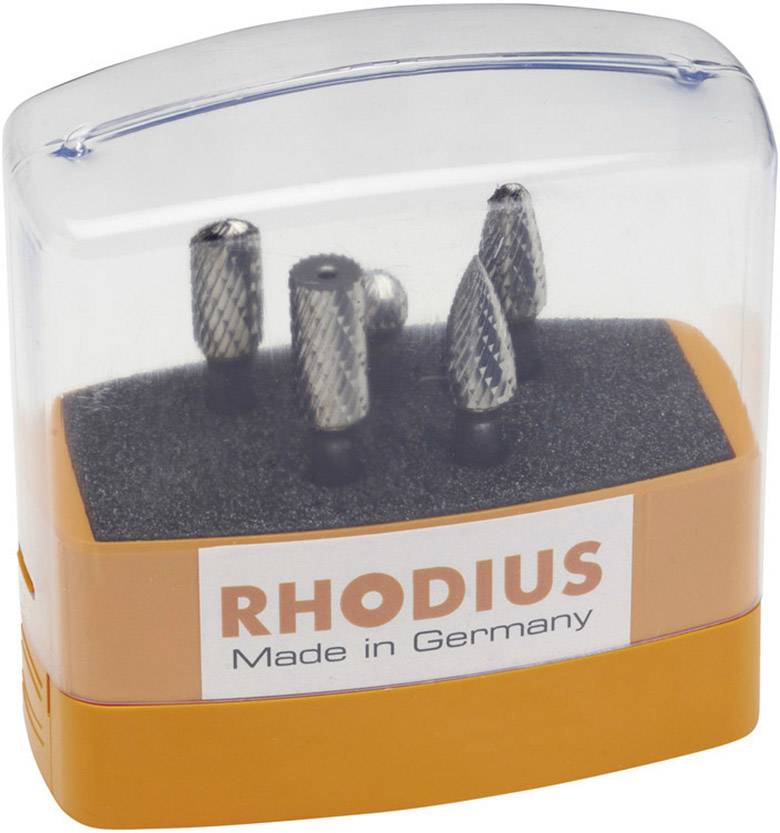 Embalaža freznih svedrov znamke Rhodius, 'Made in Germany'. Frezni svedri so vstavljeni v penasto blazinico.