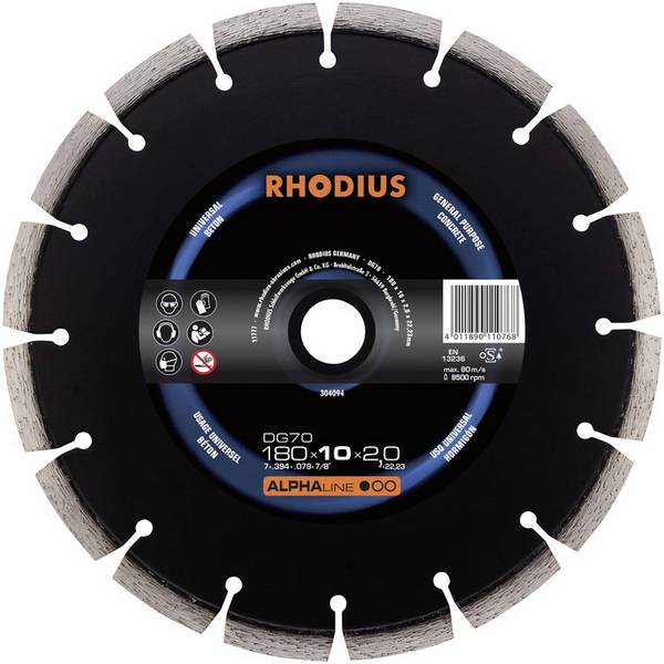 <br>  Rhodius<br>  304092<br>  DG70<br>  diamantna rezalna plošča<br>  Premer 125 mm<br>  Vrtina-Ø 22.23 mm<br>  beton<br>  1 kos<br>