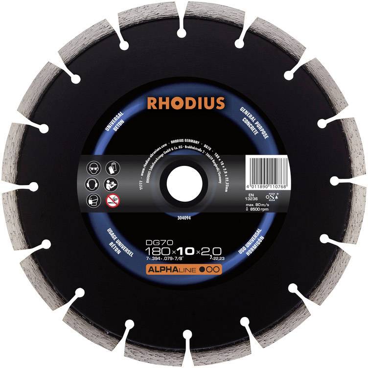 'RHODIUS' diamantna rezalna plošča, premer 180 mm, višina segmenta 10 mm. Primerna za beton in opeko. Maks. vrtilna hitrost: 8500 obr/min.
