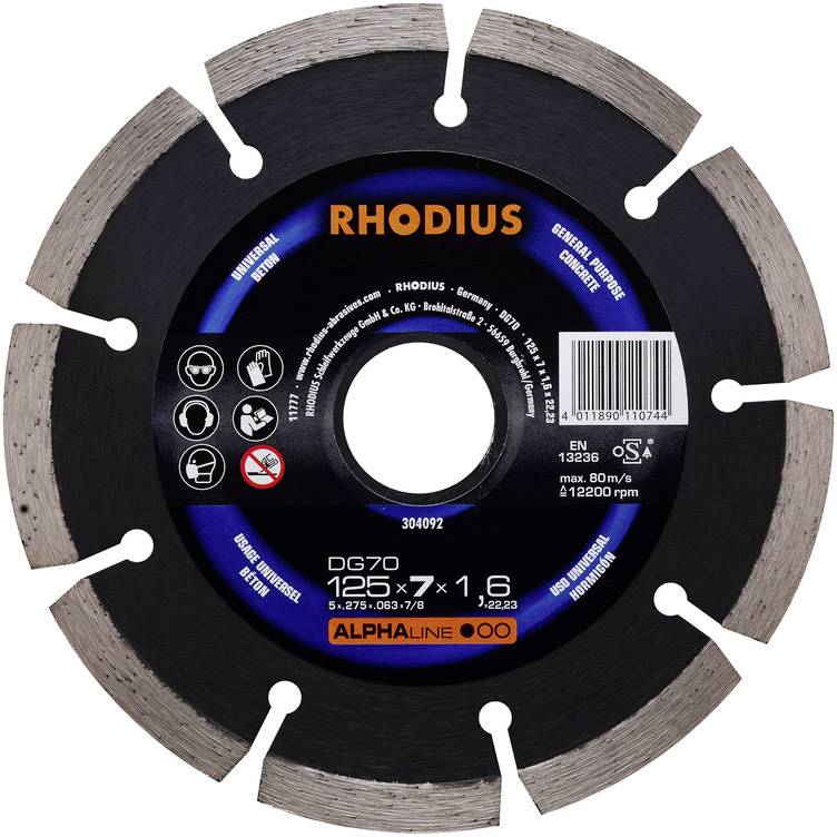 Okrogla diamantna rezalna plošča Rhodius z več kovinskimi rezalnimi zobmi, primerna za splošne aplikacije. Velikost: 125 x 7 x 1,6 mm.