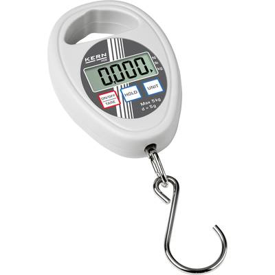 Prenosna digitalna tehtnica z vponko, zaslon prikazuje "0.000 kg", tipke za vklop/izklop, zadržanje in enoto. Maksimalna kapaciteta 5 kg.