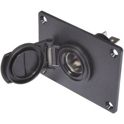 Črn pravokoten izrez ohišja z okroglo vtičnico na sredini in zložljivo pokrovčico na levi strani.