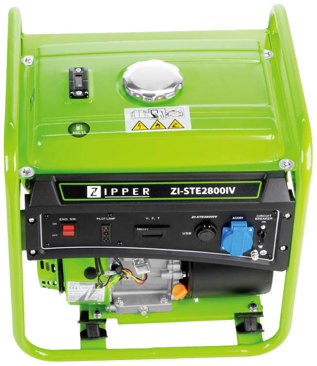 Zelen električni generator znamke Zipper z oznako 'ZI-STE2800IV'. Ima vtičnice in upravljalne elemente na sprednji strani.
