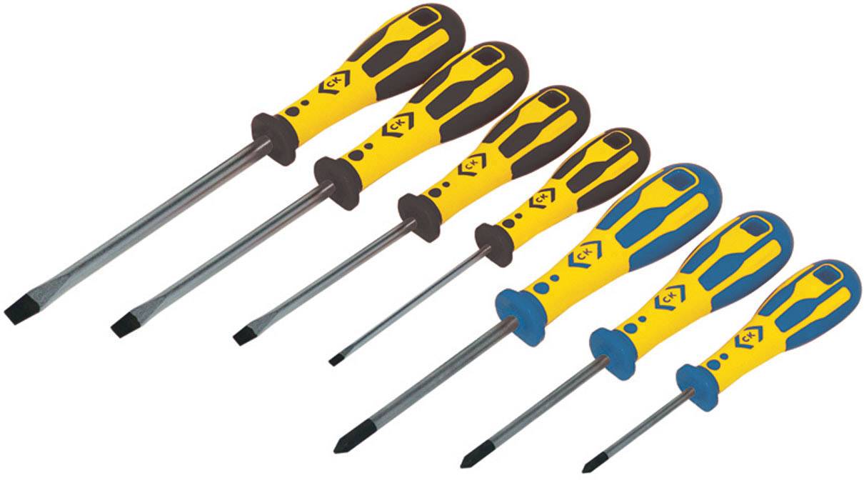 Set sedmih rumeno-črnih izvijačev različnih velikosti, razporejenih drug ob drugem na beli podlagi.