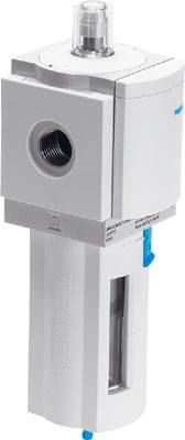 Bel valjast zračni filter z modrim ventilom in preglednim oknom za nadzor filtrske enote.