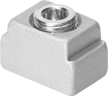 Srebrn pravokoten element z osrednjim navojem. Zdi se, da se uporablja za pritrjevanje mehanskih komponent.