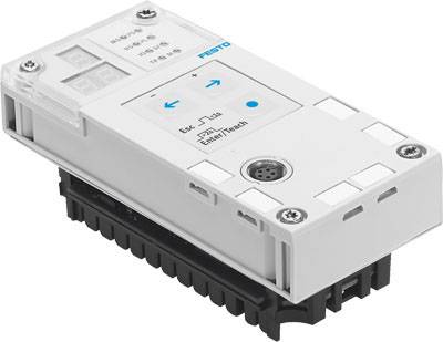 Belo elektronsko ohišje z zasloni in tipkami. Na sprednji strani prikazuje dva puščici in napis 'EasyTouch'. Izdelek znamke Festo.