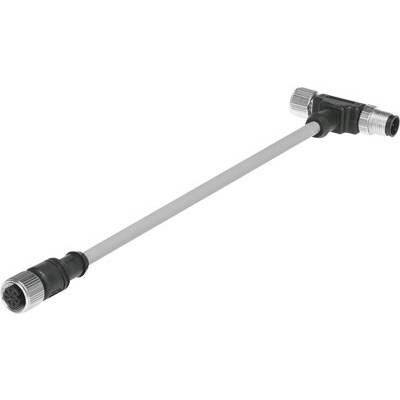 Trikraki adapterski kabel v obliki črke T s tremi priključki, pritrjenimi na koncih zgoraj in spodaj na povezovalnem kablu.