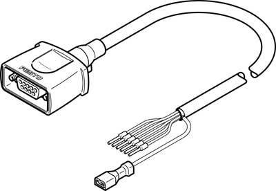 Ilustracija kabla z D-SUB vtikačem na levi strani in več odkritimi žicami na desni strani, primerna za električne povezave.