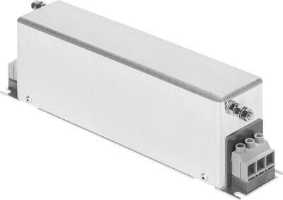 Pravokotna kovinska škatla z električnimi priključki na desni strani, verjetno elektronska komponenta ali filter.