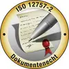 Okrogel gumb z besedilom 'ISO 12757-2 Dokumentarno obstojno'. Prikazani so pisan listek, pisalo in rdeč pečat.