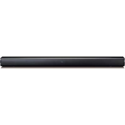 Črn zvočnik z diskretno LED-lučjo na sredini, ki prikazuje moderno in minimalistično oblikovanje za izboljšan TV zvok.