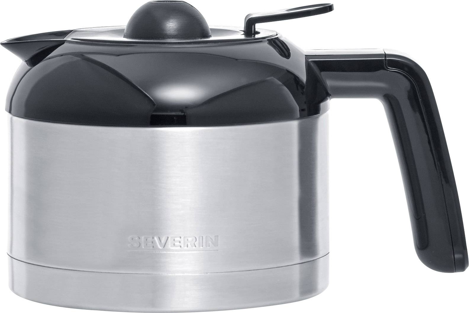 Srebrna in črna termos steklenica z ročajem in pokrovom, na katerem je vgravirana beseda 'Severin'. Primerna za vroč kavo.