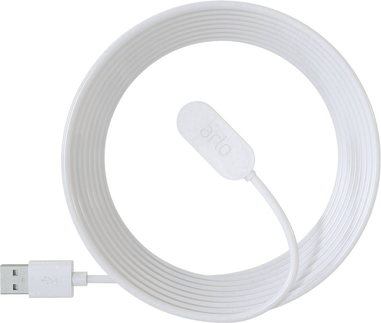 Bel USB-kabel z ovalno ohišjem, na katerem piše 'arlo'.