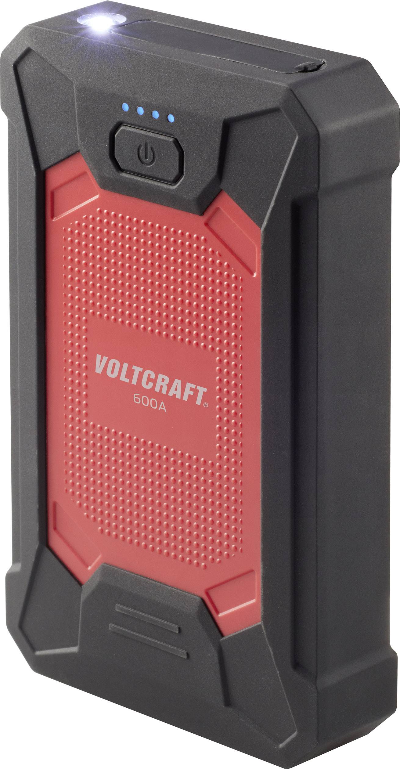 Črna in rdeča prenosna powerbank Voltcraft s 600A kapaciteto, USB priključki in LED indikatorjem polnjenja na zgornji strani.