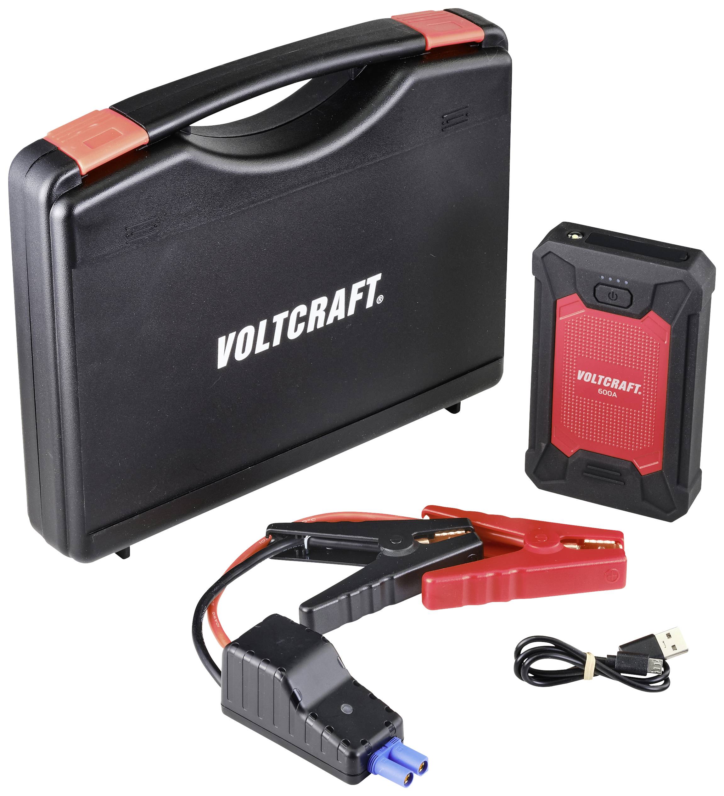 Prenosni set za vžig z črnim kovčkom, rdečim in črnim priključnim kablom ter USB-polnilnim kablom, znamke Voltcraft.
