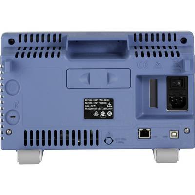 Pogled od zadaj na modro elektronsko napravo z napajalnikom, mrežnim stikalom, priključkoma USB in Ethernet ter prezračevalnimi odprtinami.