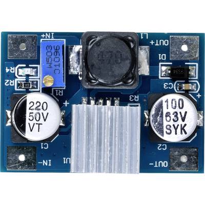 'Elektronski sklop na modri tiskanini s kondenzatorji in hladilnikom, desno in levo označen kot 220 50V VT in 100 63V SYK.'