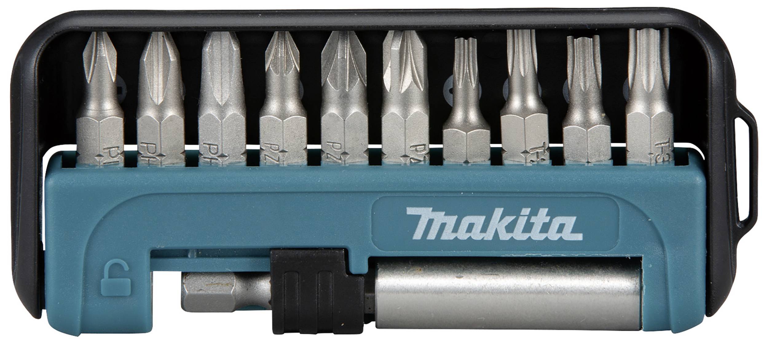 Makita 10-delni set bitov, različne oblike vijačnih nastavkov v kompaktni plastični škatli, idealen za vsestranska vijačna opravila.
