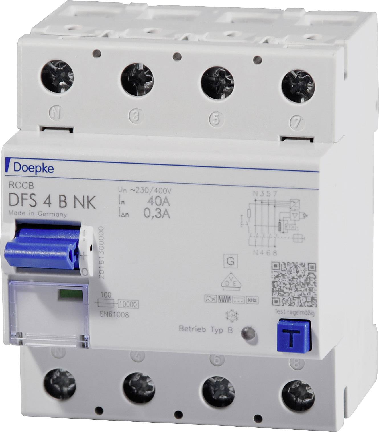 FI-stikalo 'Doepke DFS 4 B NK' za 230/400V, 40A, 0,3A. Belo ohišje z modrim testnim gumbom.
