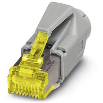 Siv RJ45 vtič z rumenim zaklepnim zatičem, namenjen uporabi v omrežnih kablih za eternet povezave v omrežnih instalacijah.