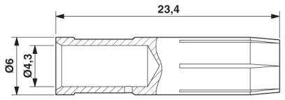 Tehnična risba cilindričnega dela z dimenzijami: skupna dolžina 23,4 mm, zunanji premer 6 mm, notranji premer 4,3 mm.