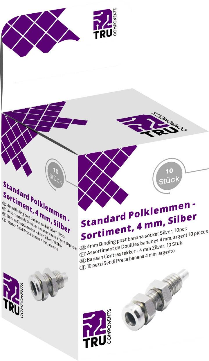 Embalaža 'Standardni komplet sponk, 4 mm, srebrne', 10 kosov. Vsebuje sliko in blagovno znamko TRU Components.