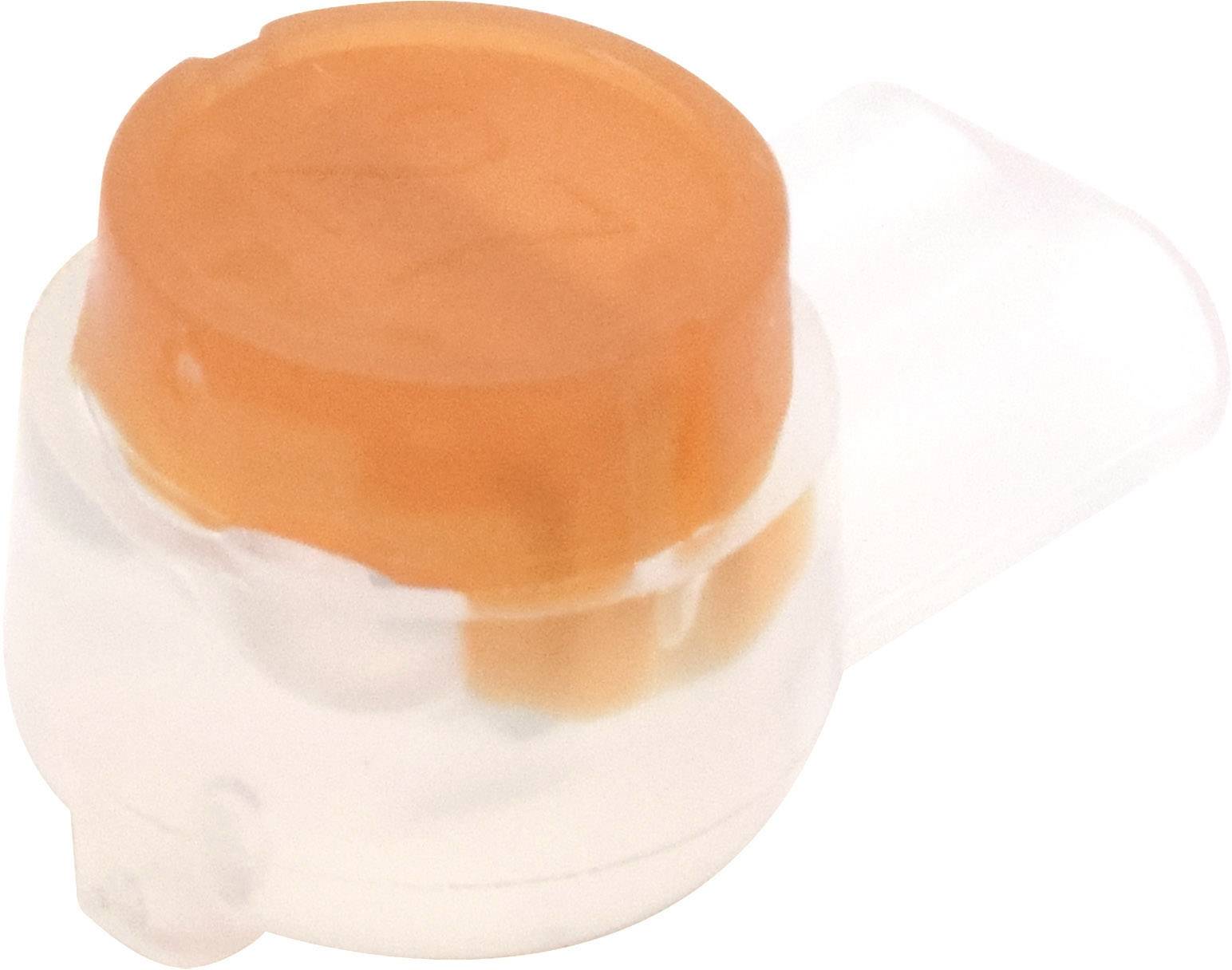 Prozoren plastični connector z oranžno zgornjo stranjo za povezovanje dveh kablov.