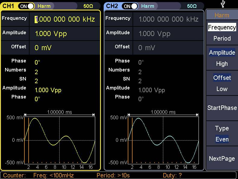 'Generator valovne oblike z dvema kanaloma. Kanal CH1: rumeni sinusni val pri 1 MHz, amplituda 1 Vpp. Kanal CH2: modri sinusni val pri 1 MHz, amplituda 1 Vpp. Upravljanje frekvence in amplitude desno.'