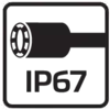 Vtičniški simbol z oznako 'IP67', ki nakazuje visoko odpornost proti prahu in vodi.