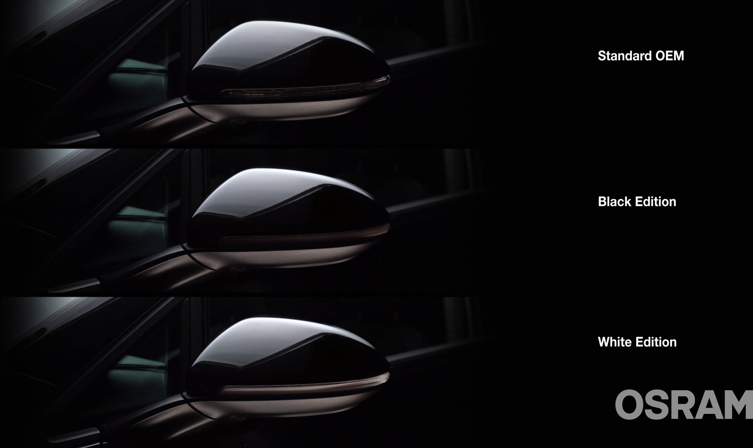 'Tri modeli avtomobilskih ogledal: Standardni OEM, Black Edition, White Edition, na temnem ozadju. Logotip OSRAM spodaj desno.'