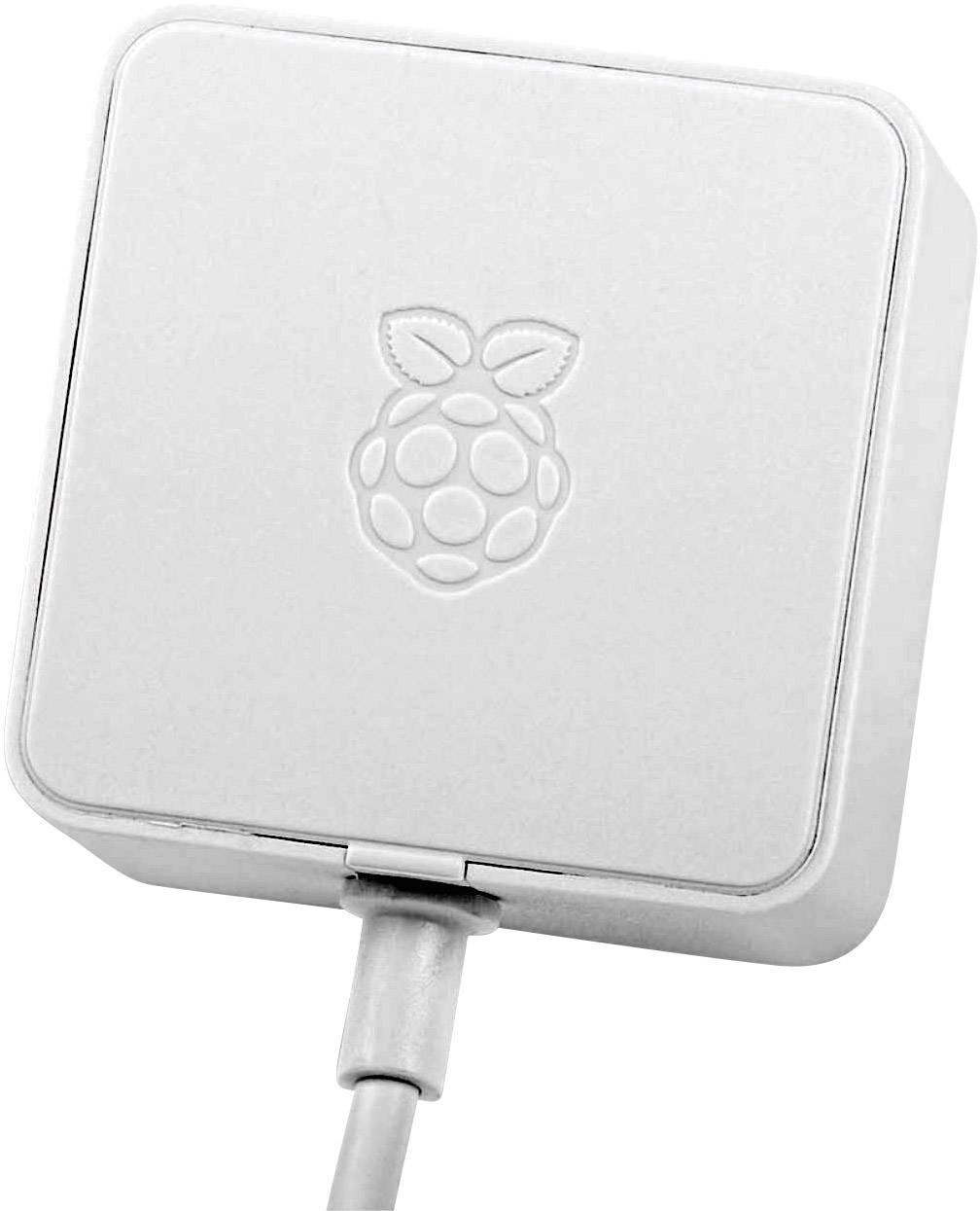 Bel napajalnik z vtisnjenim logotipom Malina in priključenim kablom, najverjetneje za napravo Raspberry Pi.